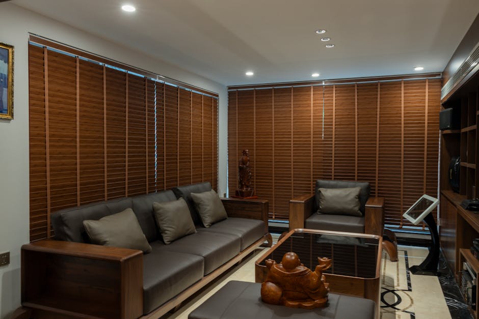 Modern living room with beautiful custom blinds and natural lighting